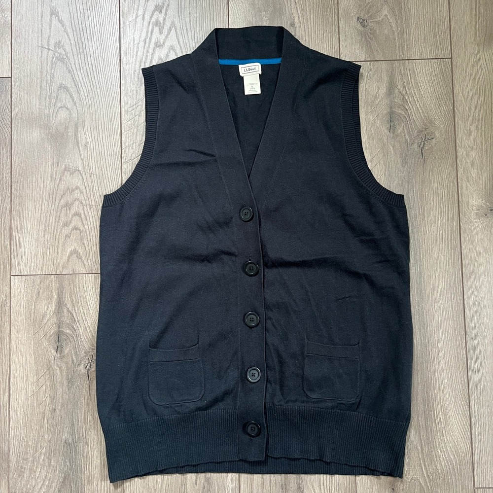 LL Bean V Neck Button Up Sweater Vest Womens XL 100% Cotton Navy